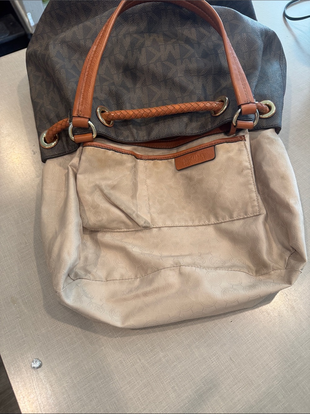 Michael Kors Brown Signature Drawstring Shoulder Bag with Tan Trim - Picture 6 of 6